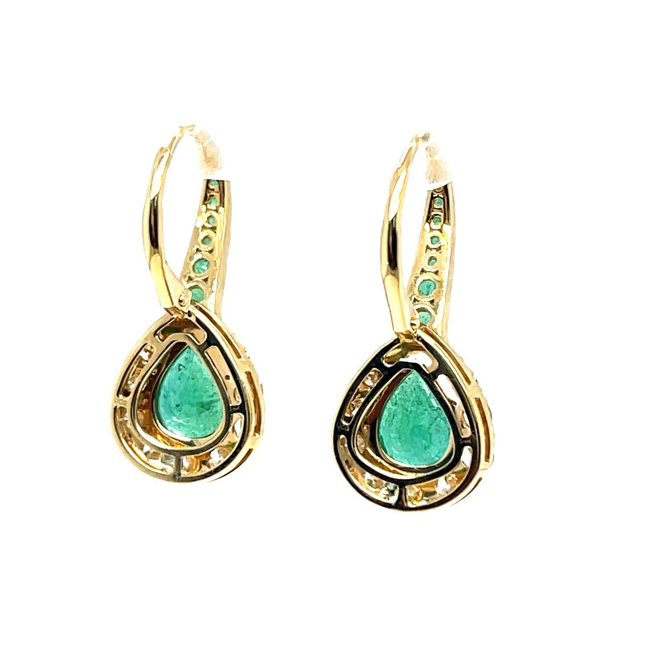 Zambian Emerald and Diamond Dangling Teardrop Hoop Earrings in 14KY Gold  In New Condition For Sale In New York, NY
