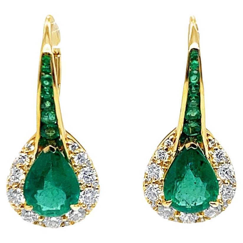 Zambian Emerald and Diamond Dangling Teardrop Hoop Earrings in 14KY Gold  For Sale