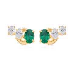Zambian Emerald and Diamond Minimalist Fine 18k Yellow Gold Stud Earrings
