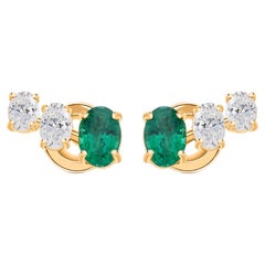Zambian Emerald and Diamond Minimalist Fine 18k Yellow Gold Stud Earrings