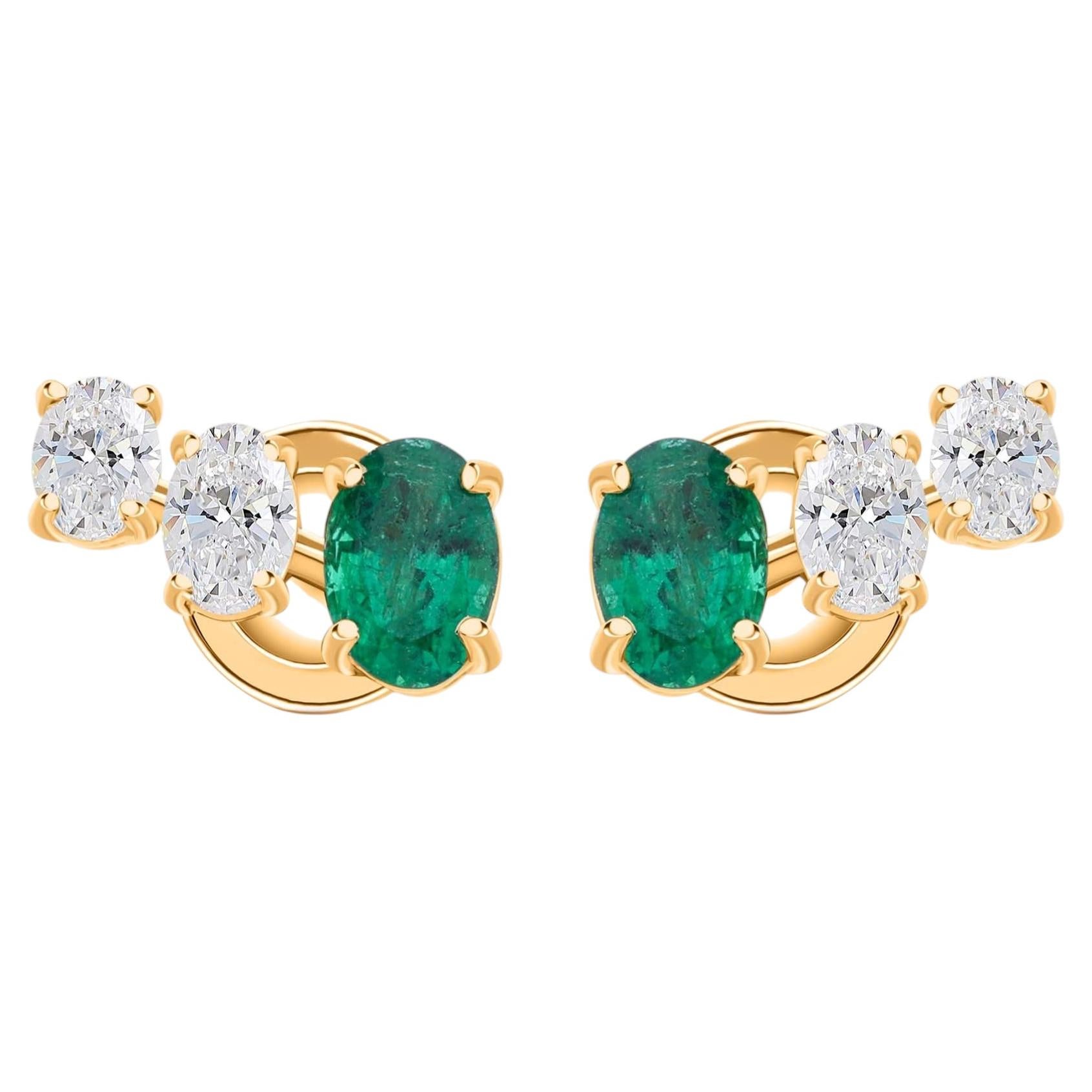 Zambian Emerald and Diamond Minimalist Fine 18k Yellow Gold Stud Earrings