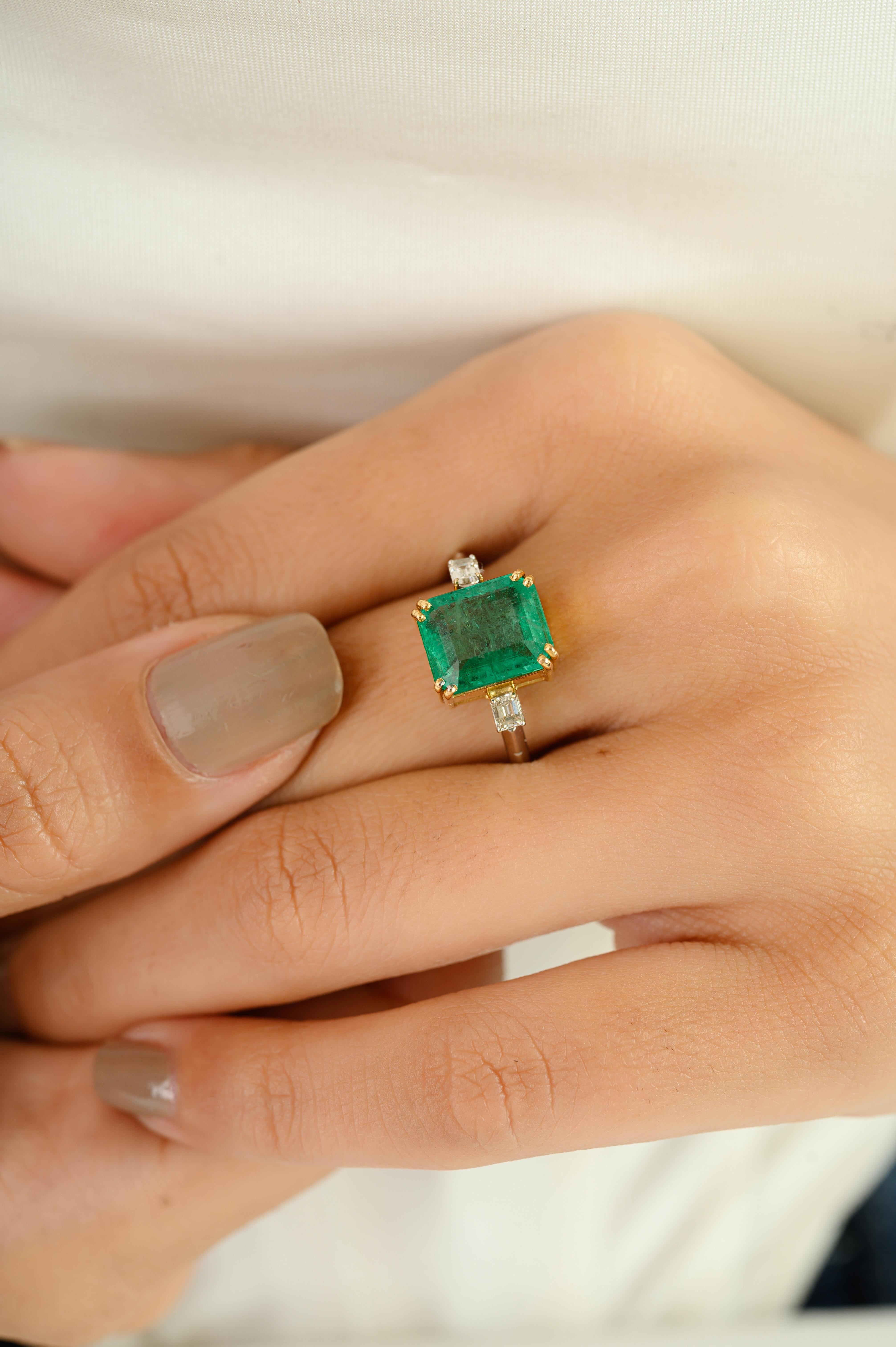 For Sale:  Zambian Emerald and Diamond Three-Stone Ring in 18k Yellow and White Gold 2