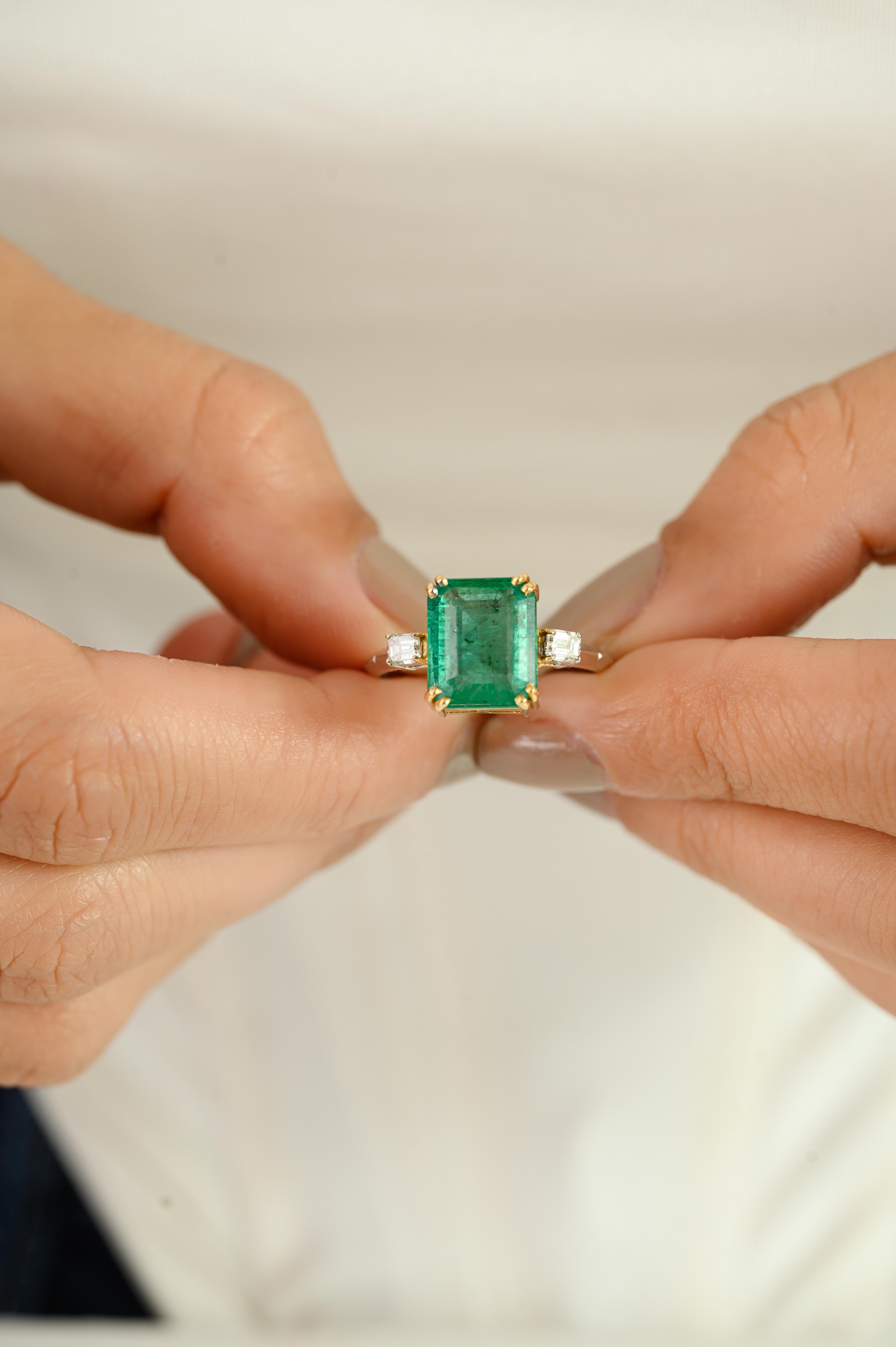 For Sale:  Zambian Emerald and Diamond Three-Stone Ring in 18k Yellow and White Gold 4