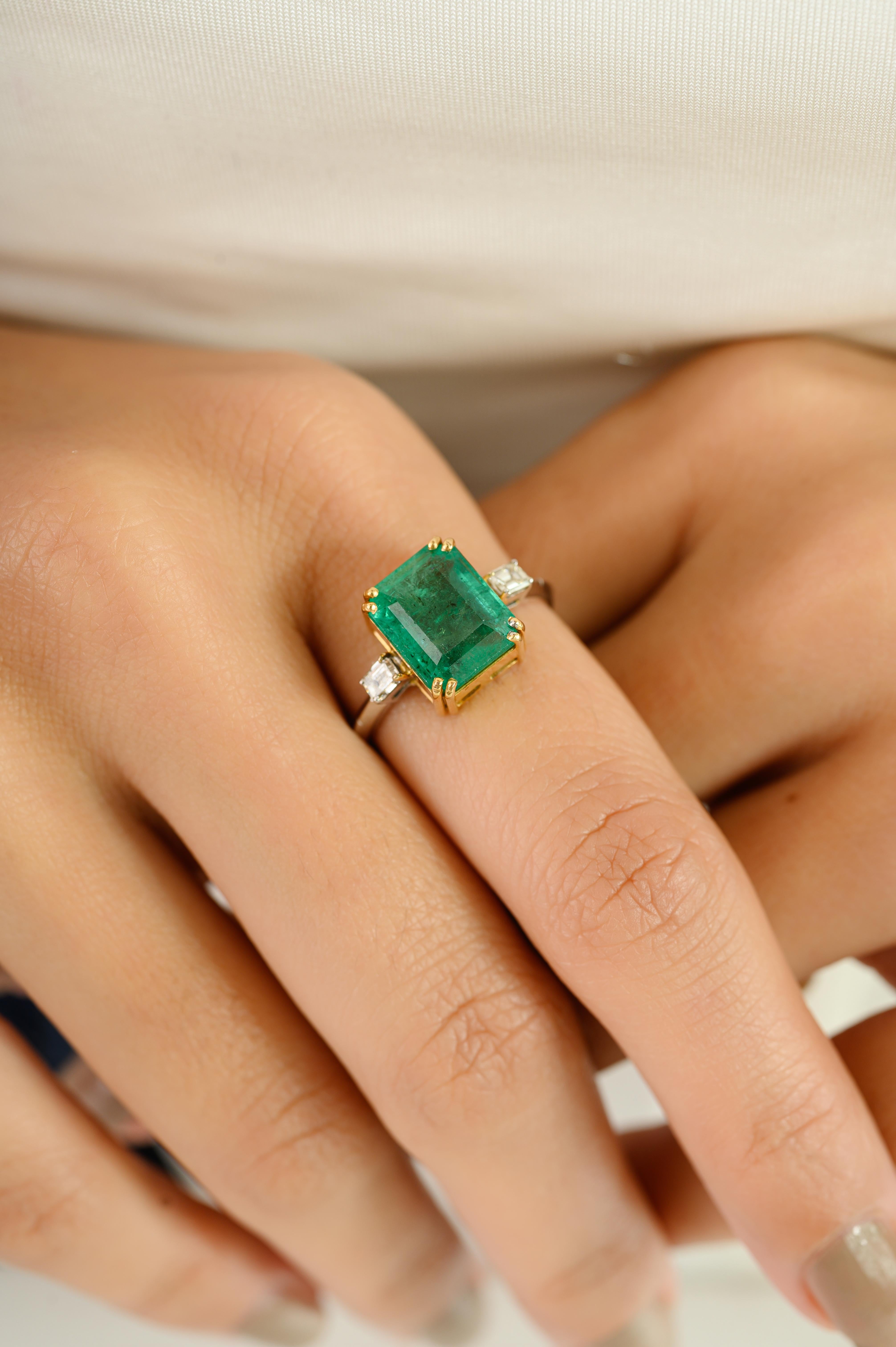 For Sale:  Zambian Emerald and Diamond Three-Stone Ring in 18k Yellow and White Gold 8