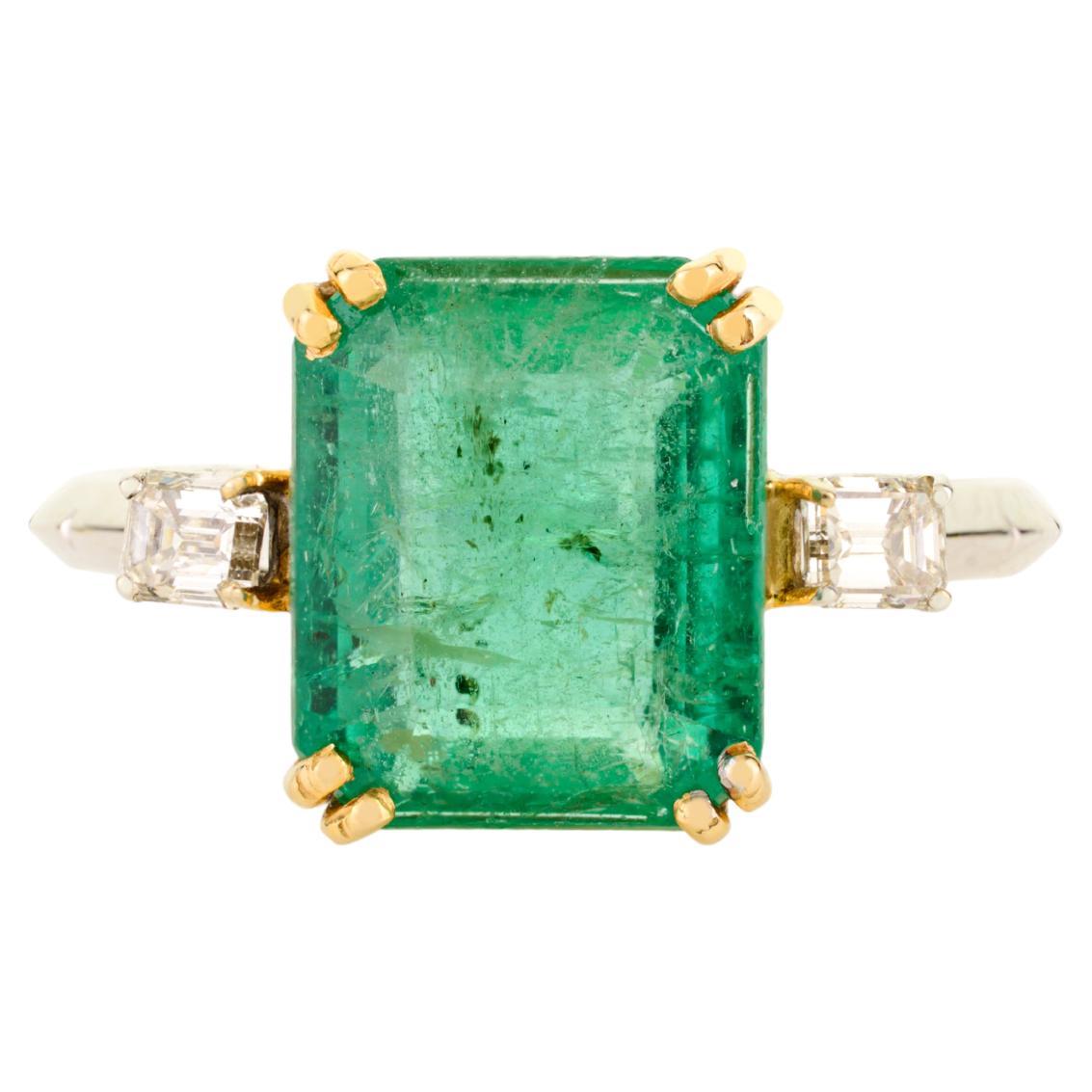 For Sale:  Zambian Emerald and Diamond Three-Stone Ring in 18k Yellow and White Gold