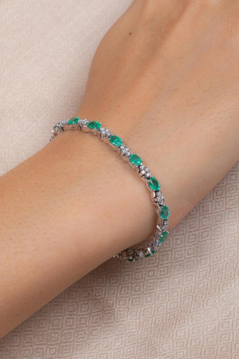 Art Nouveau Zambian Emerald and Diamond Wedding Bracelet in 18K White Gold Handmade Jewelry For Sale