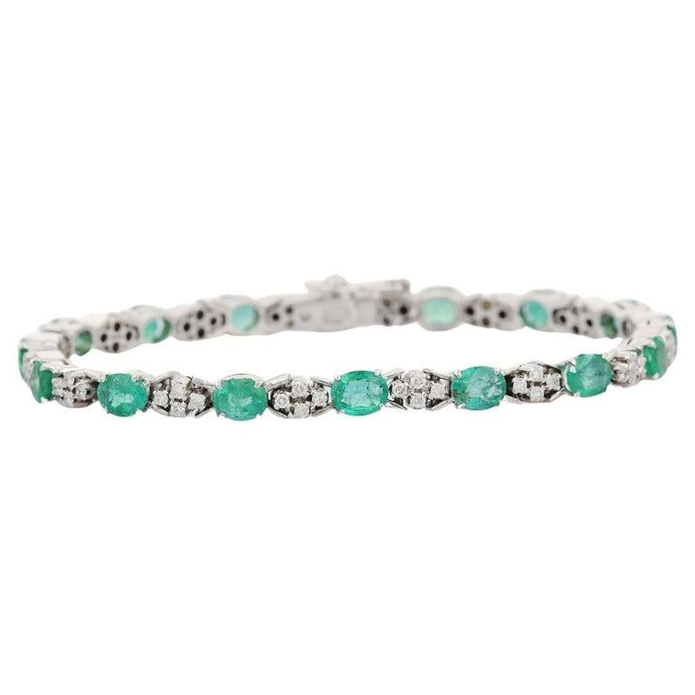 Oval Cut Zambian Emerald and Diamond Wedding Bracelet in 18K White Gold Handmade Jewelry For Sale