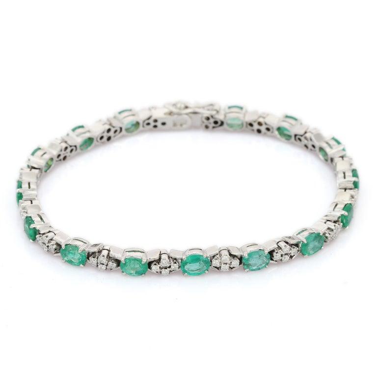 Women's Zambian Emerald and Diamond Wedding Bracelet in 18K White Gold Handmade Jewelry For Sale