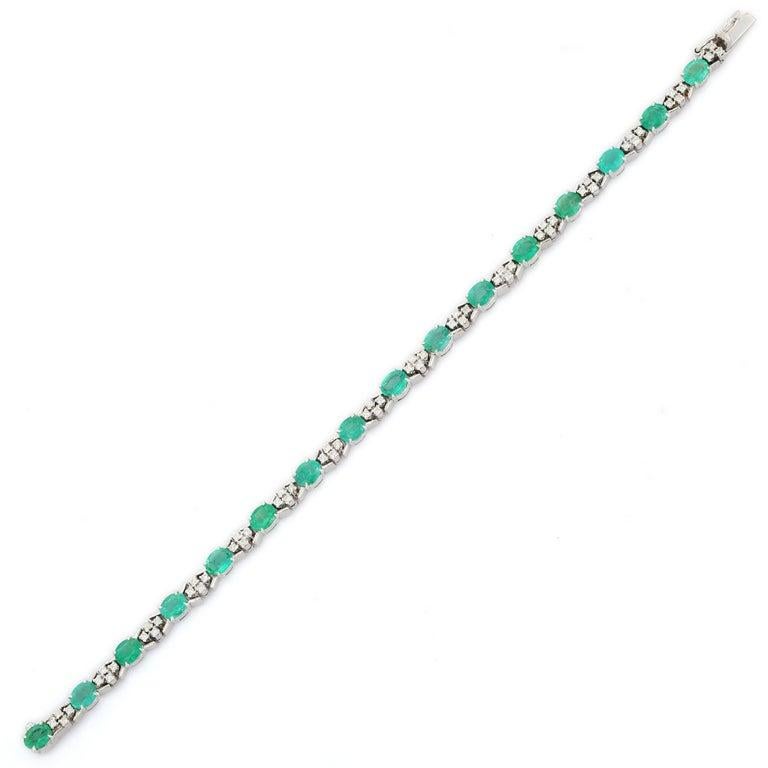 Zambian Emerald and Diamond Wedding Bracelet in 18K White Gold Handmade Jewelry For Sale 2