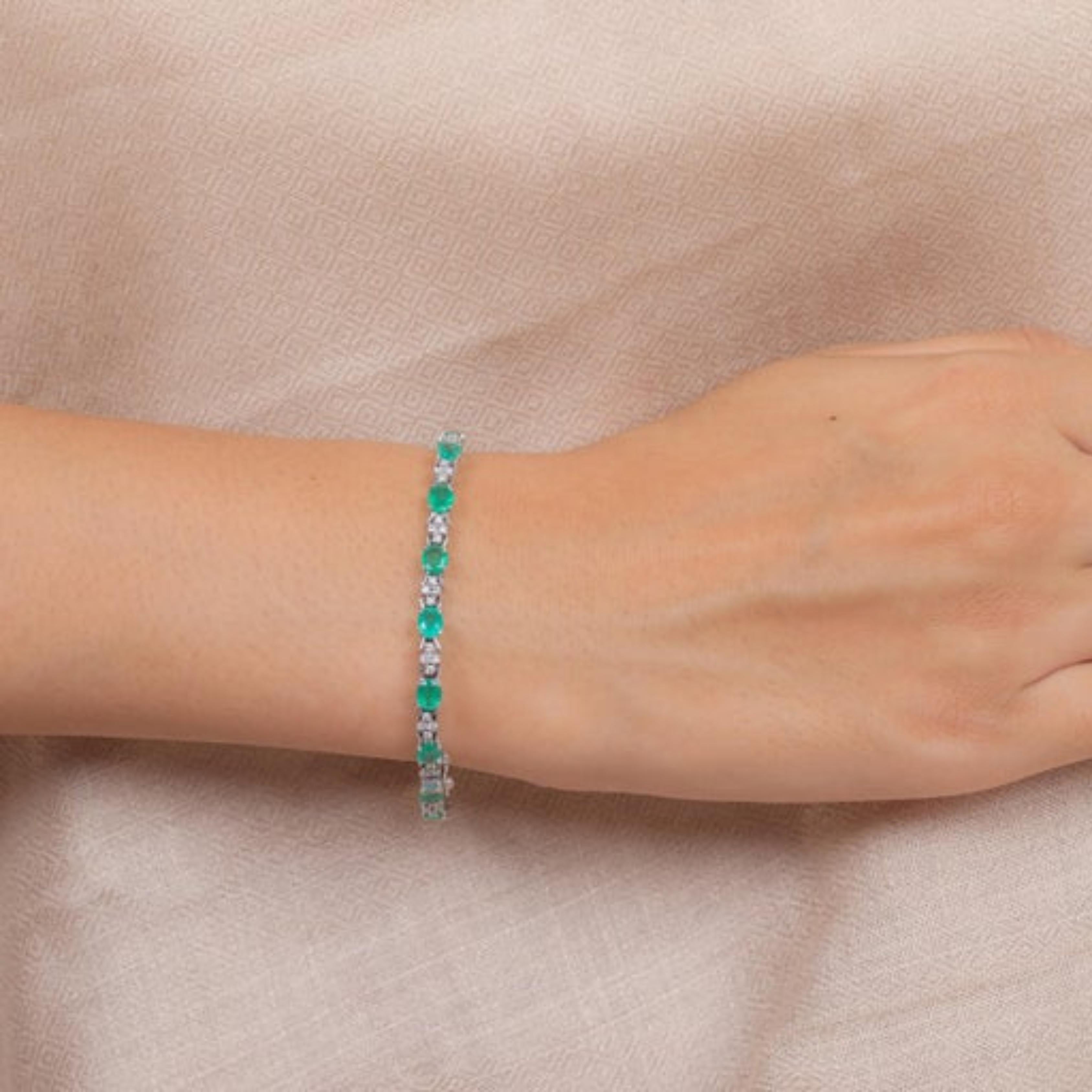 Zambian Emerald and Diamond Wedding Bracelet in 18K White Gold Handmade Jewelry For Sale 3