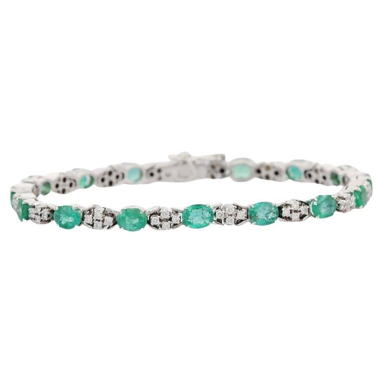 Zambian Emerald and Diamond Wedding Bracelet in 18K White Gold Handmade Jewelry
