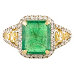 Zambian Emerald and Diamond Wedding Ring in 14k Yellow gold Perfect Luxury Gift