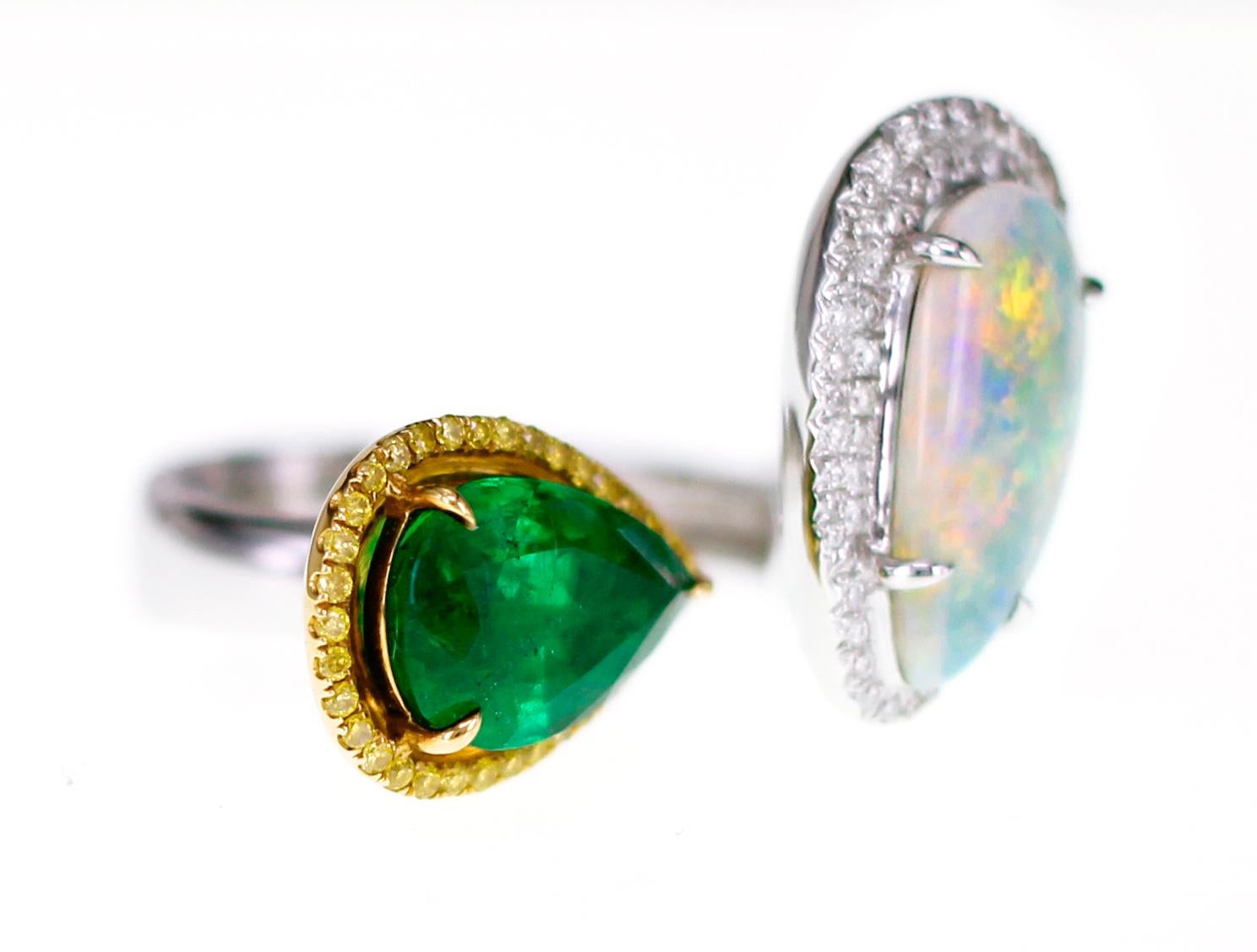 Art Nouveau Zambian Emerald and Ethiopian Opal Twin Ring