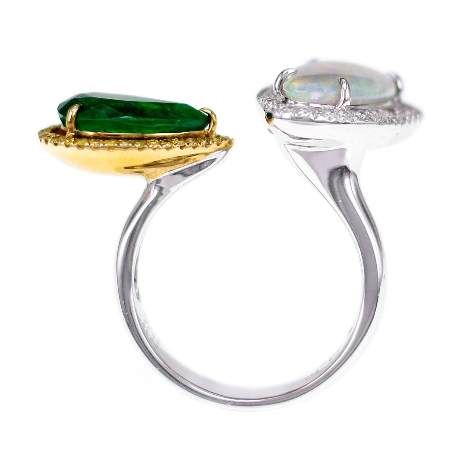 Pear Cut Zambian Emerald and Ethiopian Opal Twin Ring