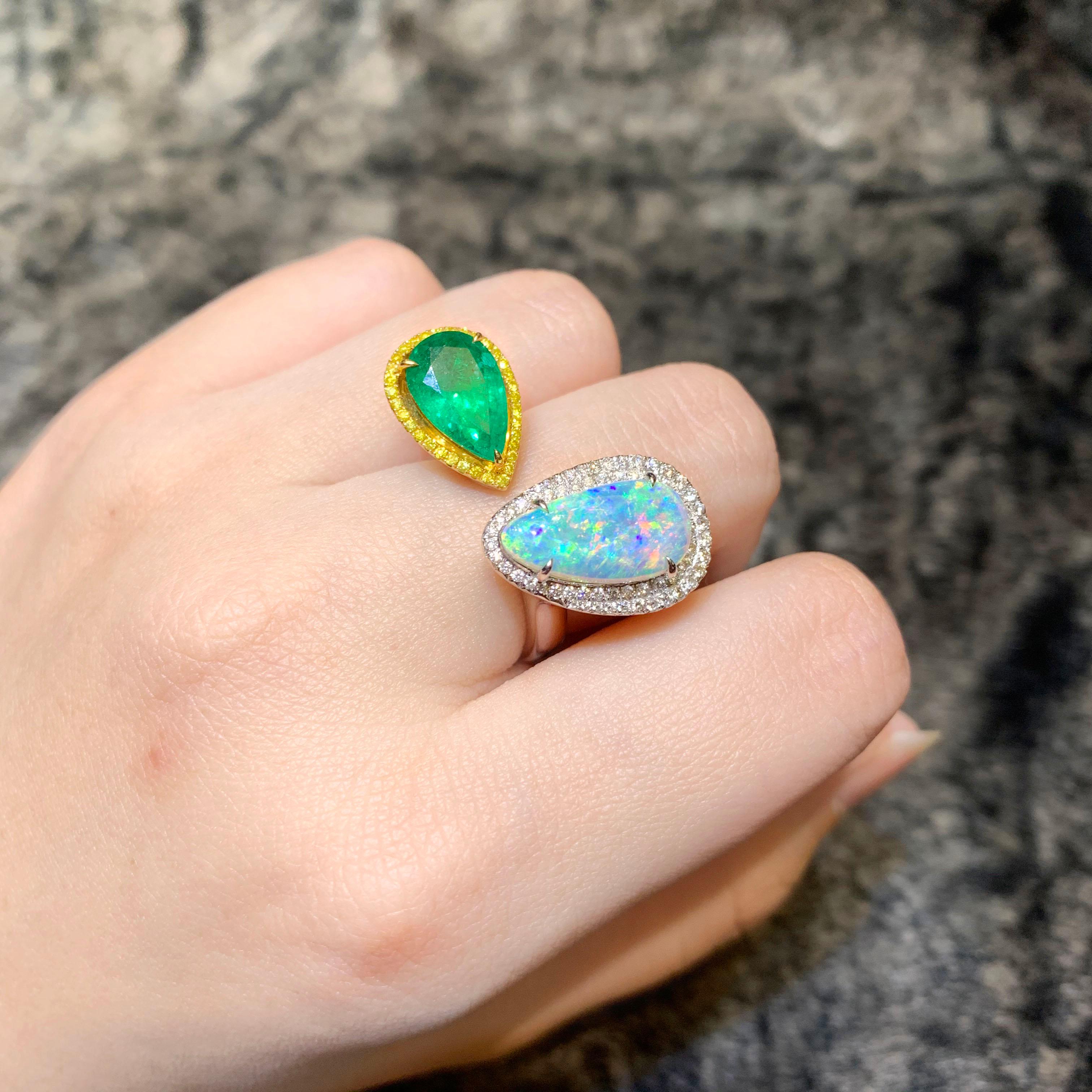 Women's or Men's Zambian Emerald and Ethiopian Opal Twin Ring