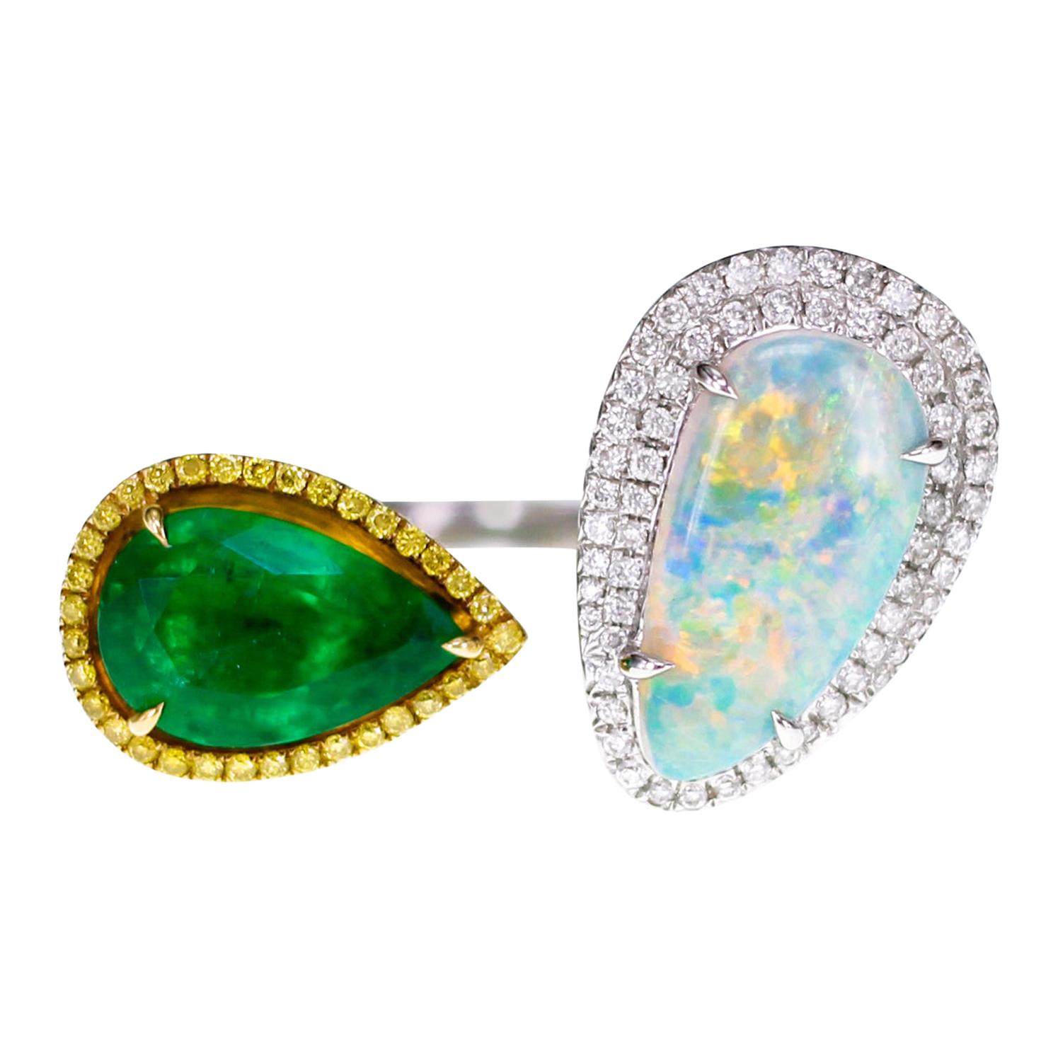 Zambian Emerald and Ethiopian Opal Twin Ring