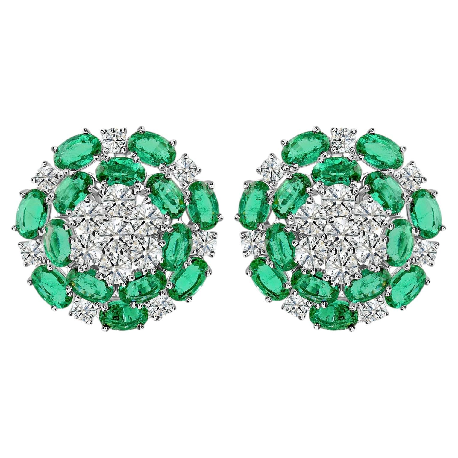 Zambian Emerald and Natural Diamond Cluster Stud Earrings in 14K White Gold For Sale