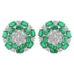 Zambian Emerald and Natural Diamond Cluster Stud Earrings in 14K White Gold