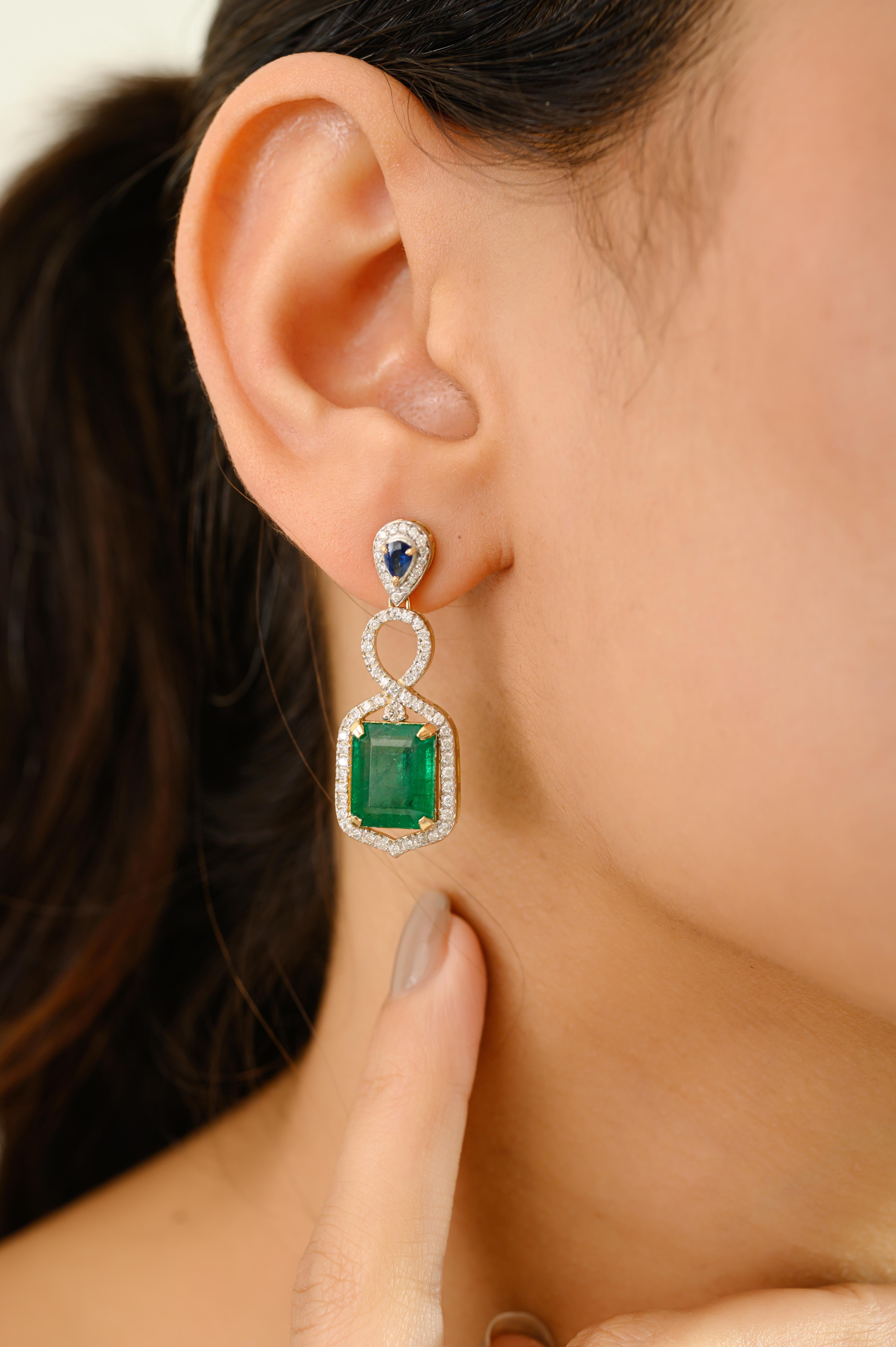 Ottagono Zambian Emerald and Sapphire Drop Earrings in 14k Gold with Diamond Halo Accents in vendita