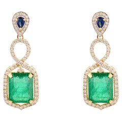 Zambian Emerald and Sapphire Drop Earrings in 14k Gold with Diamond Halo Accents