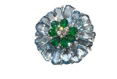 Large Floral Statement Brooch Diamond Green Emerald and Aquamarine 18k Gold