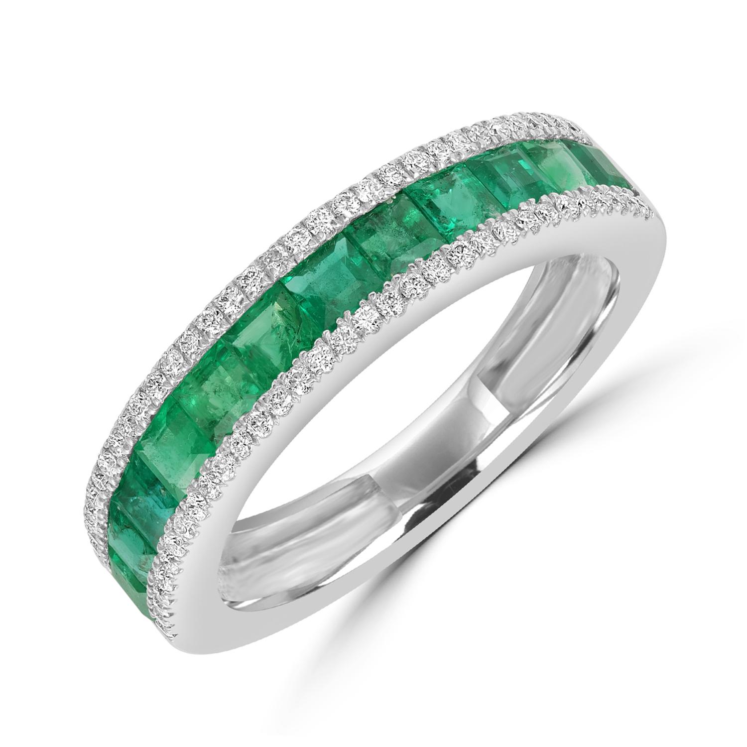 Sambia Smaragd Band Ring mit Diamanten akzentuiert in 18k Weißgold gemacht (Art déco) im Angebot