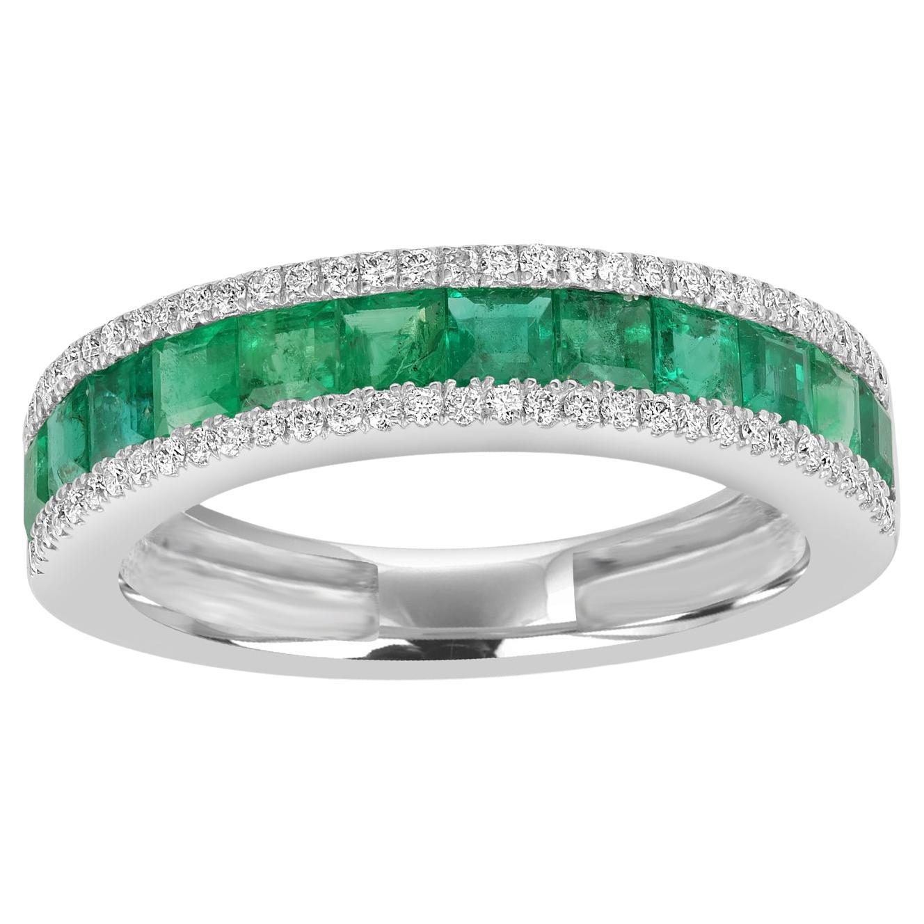 Bague en or blanc 18 carats ornée d'émeraudes de Zambie et de diamants