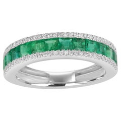 Bague en or blanc 18 carats ornée d'émeraudes de Zambie et de diamants