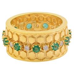 Zambian Emerald Band Ring SI Clarity HI Color Diamond 18k Yellow Gold Jewelry