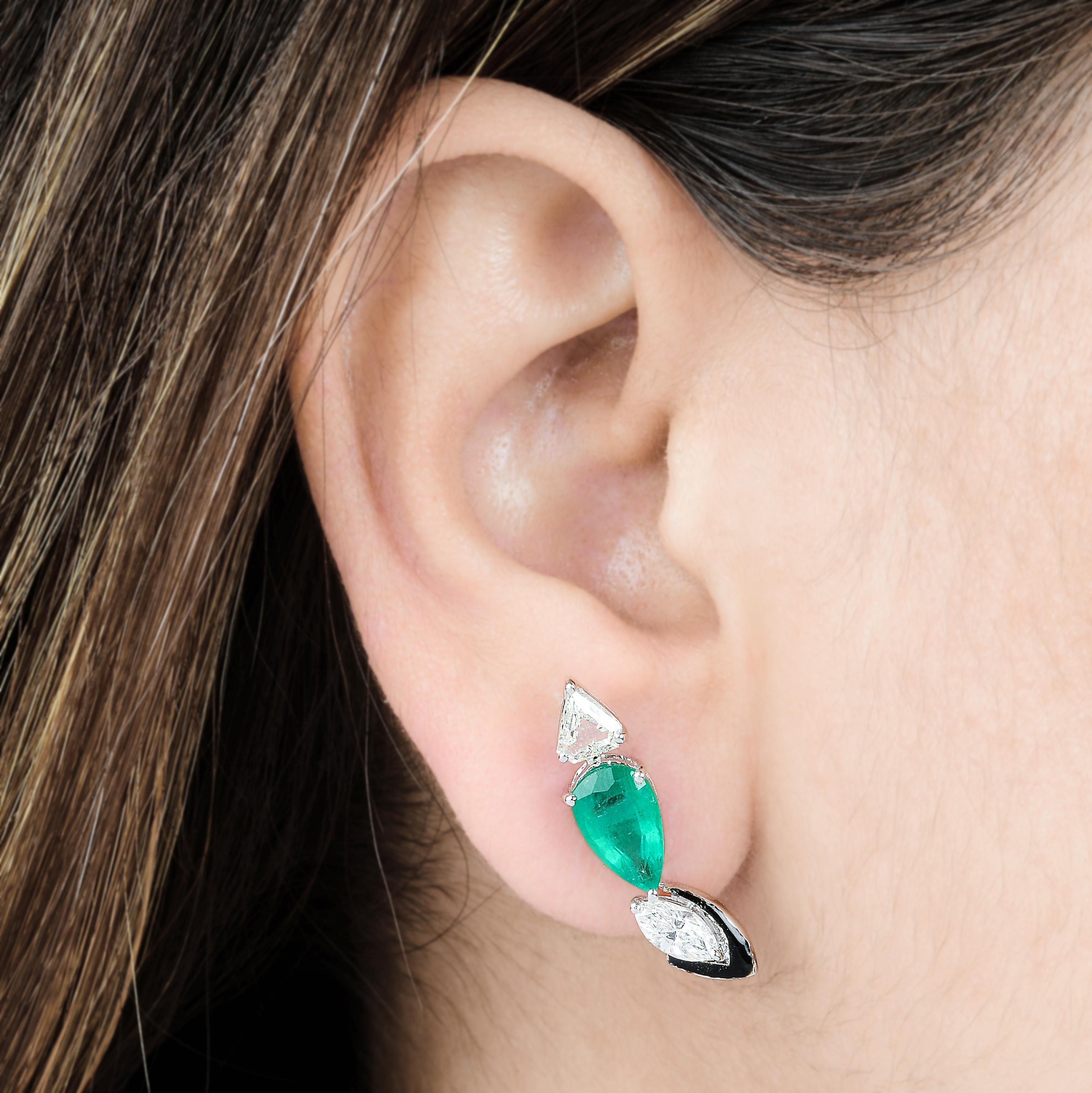 Modern Natural Emerald Black Enamel Earrings Trillion Marquise Diamond 18K White Gold For Sale