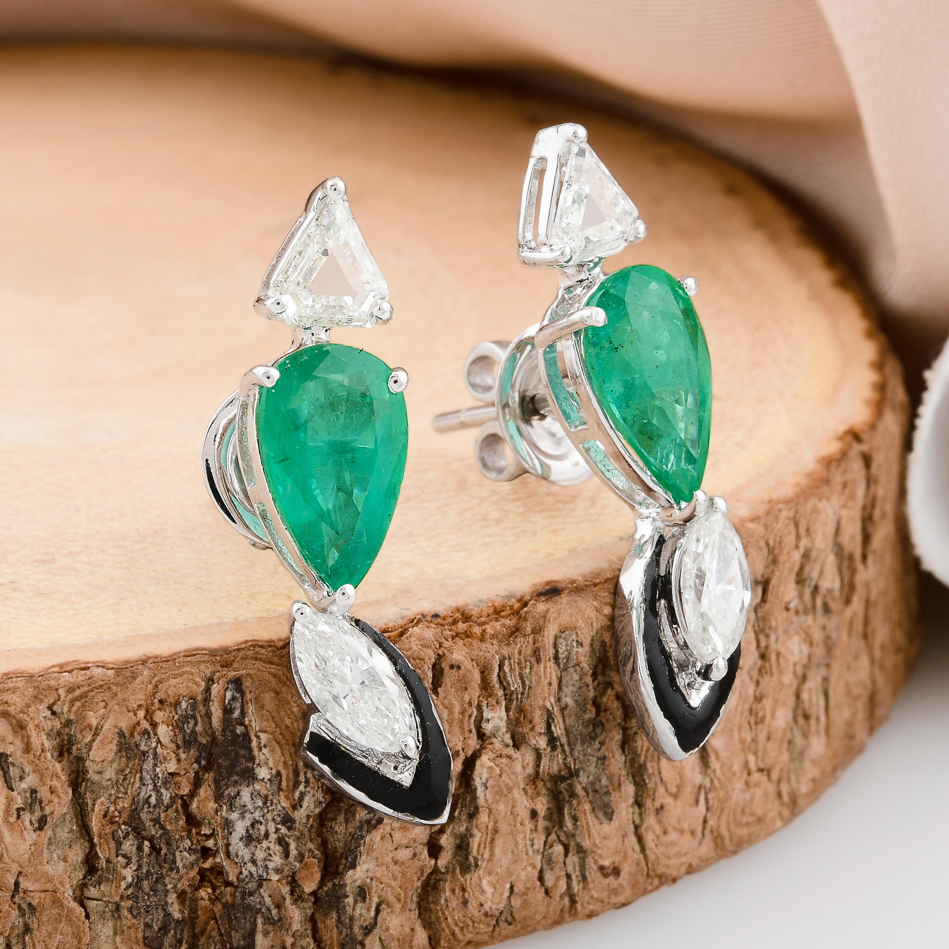 Trillion Cut Natural Emerald Black Enamel Earrings Trillion Marquise Diamond 18K White Gold For Sale