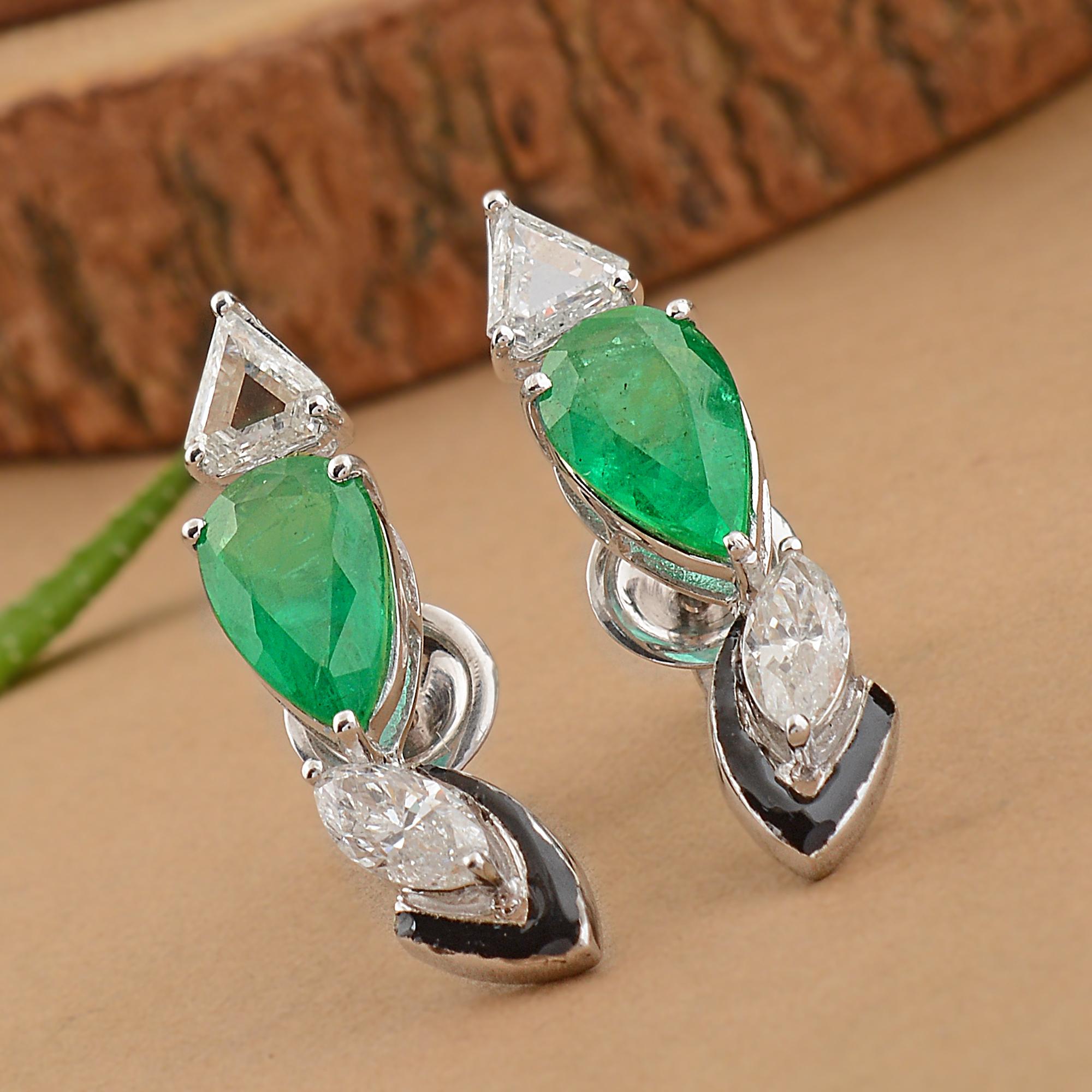 Women's Natural Emerald Black Enamel Earrings Trillion Marquise Diamond 18K White Gold For Sale