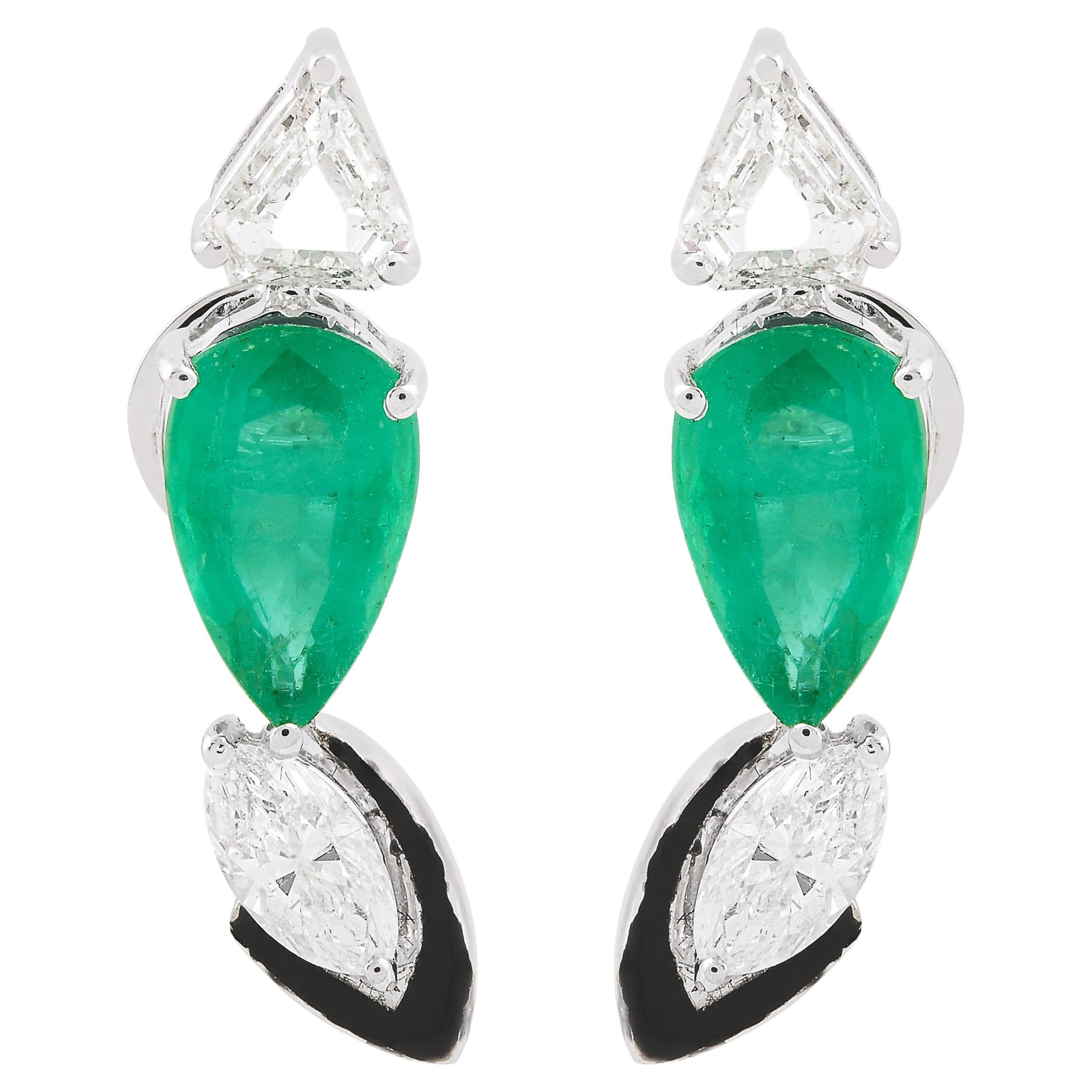 Natural Emerald Black Enamel Earrings Trillion Marquise Diamond 18K White Gold