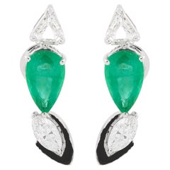 Natural Emerald Black Enamel Earrings Trillion Marquise Diamond 18K White Gold