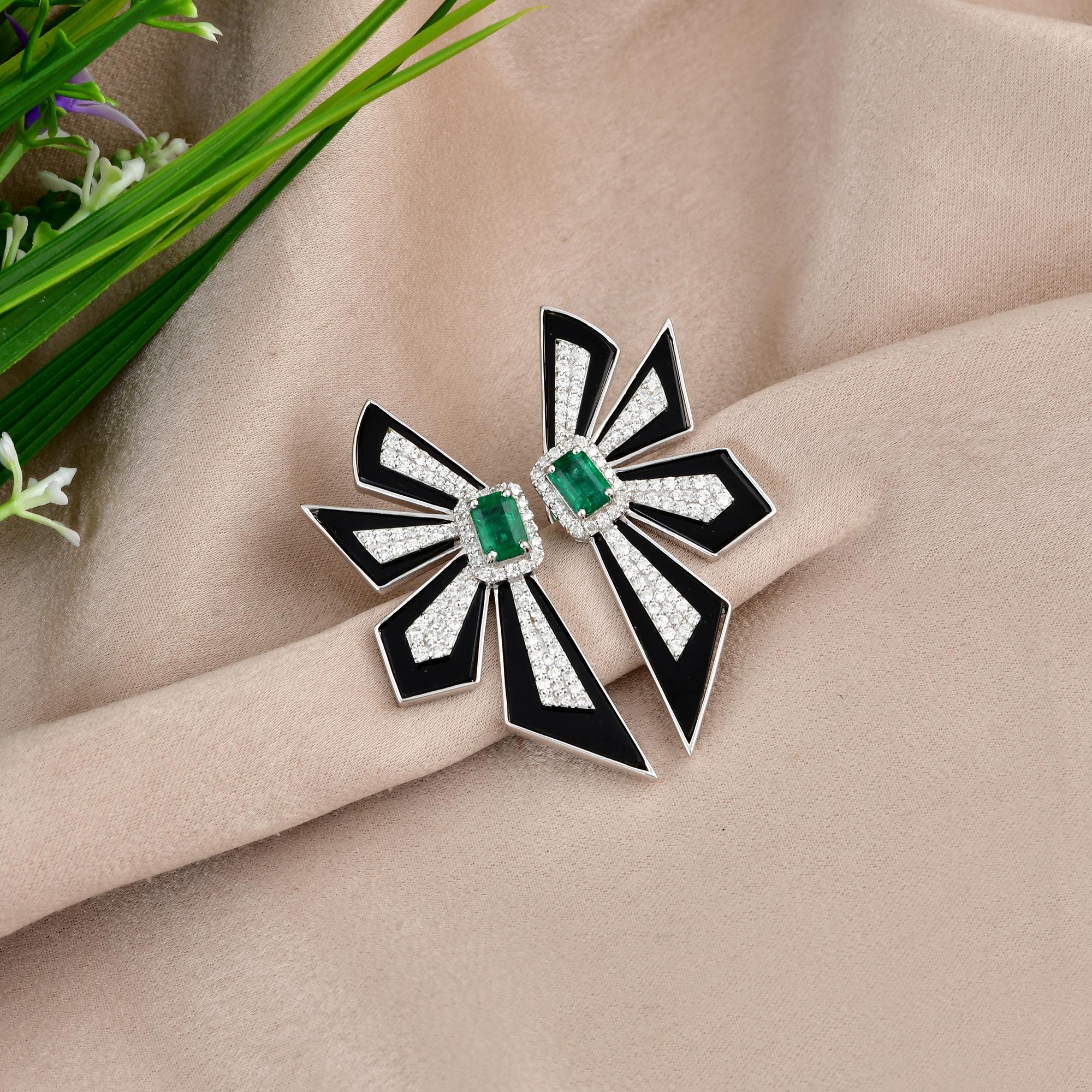 Modern Real Zambian Emerald H/SI Diamond Black Onyx Slices Earrings 14 Karat White Gold For Sale