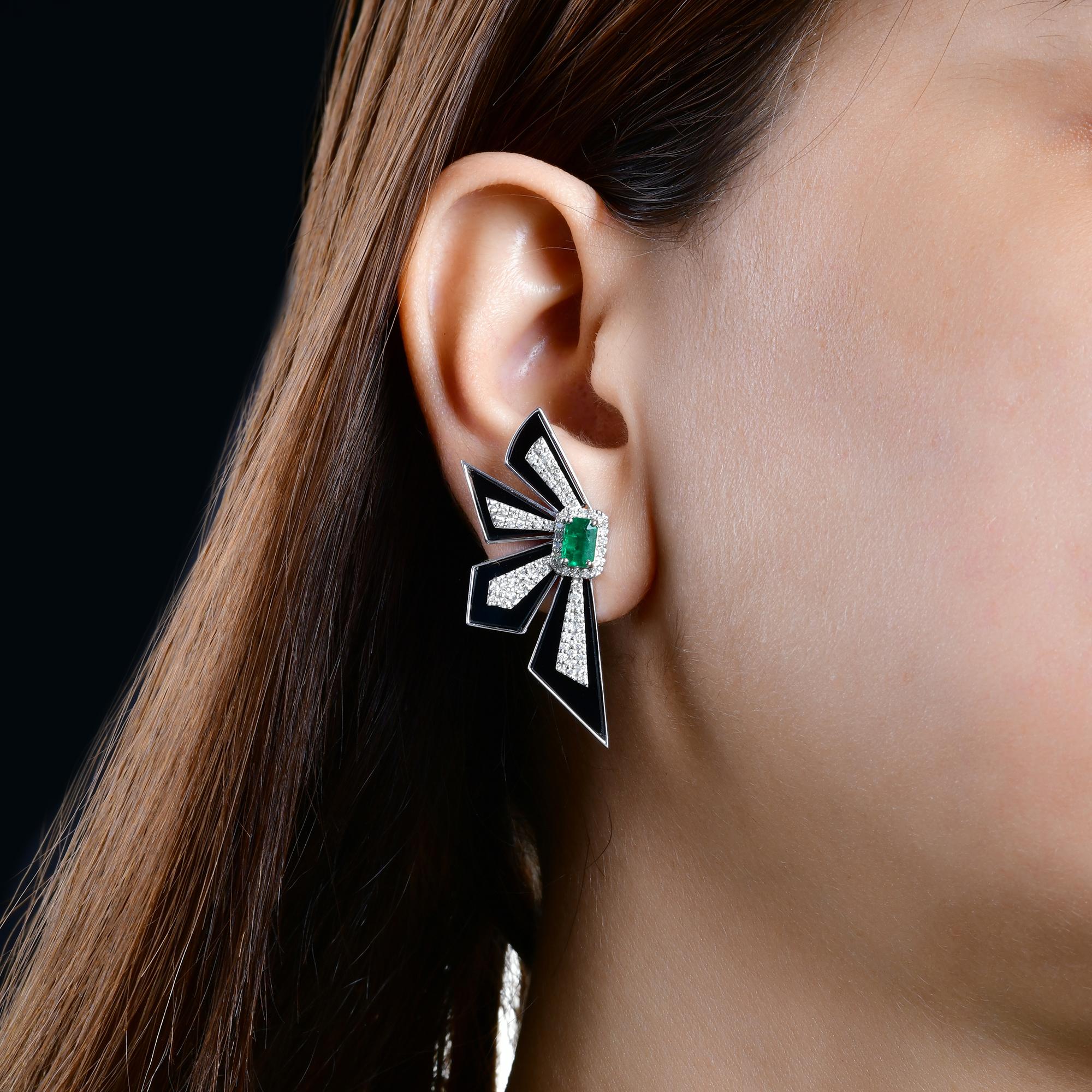 Emerald Cut Real Zambian Emerald H/SI Diamond Black Onyx Slices Earrings 14 Karat White Gold For Sale
