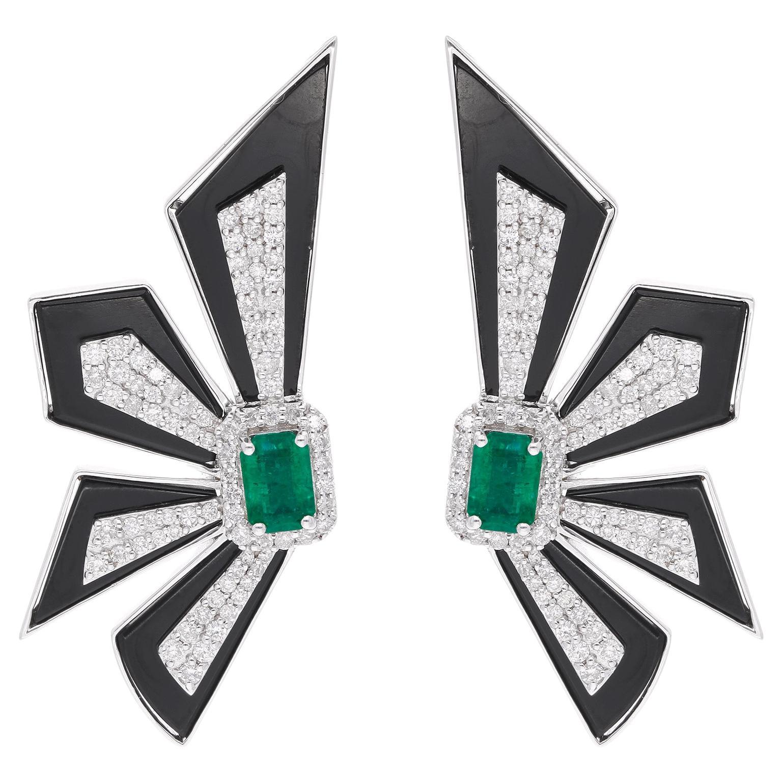 Real Zambian Emerald H/SI Diamond Black Onyx Slices Earrings 14 Karat White Gold For Sale