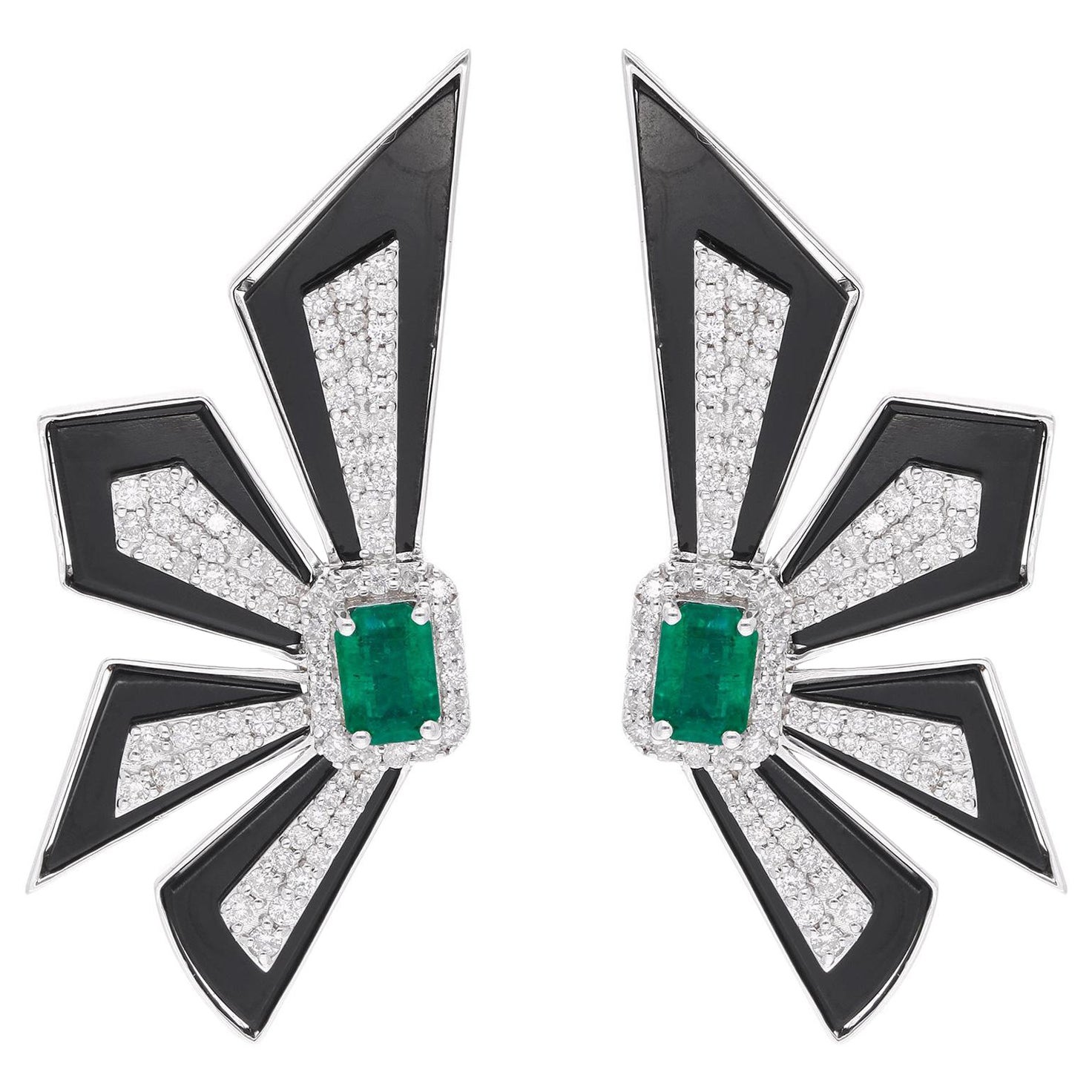 Esmeralda de Zambia Onyx Negro Pendientes de diseño Diamante Pave Oro Blanco 18 Kilates en venta