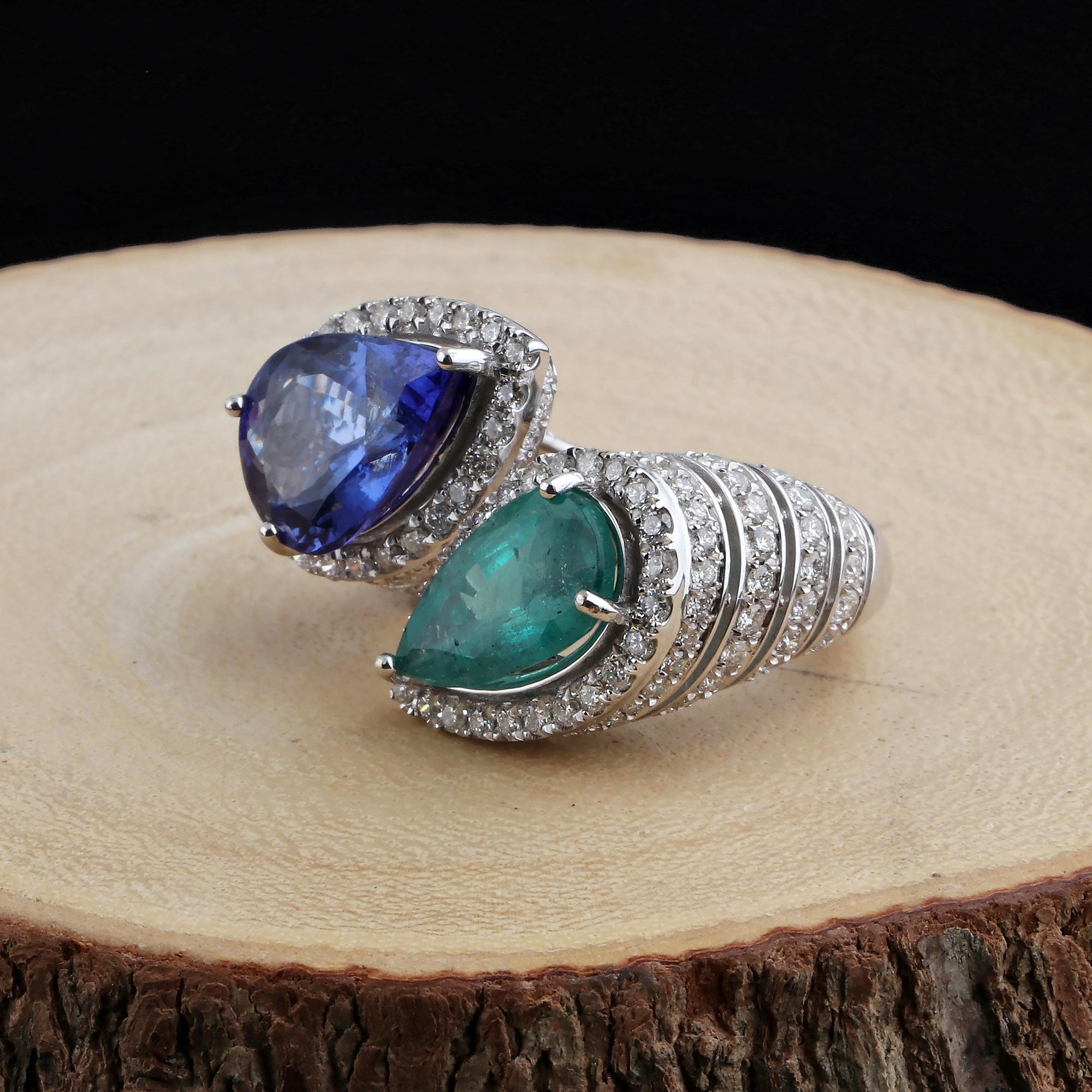 For Sale:  Natural Emerald Blue Sapphire Wrap Ring Diamond 14 Karat White Gold Fine Jewelry 2