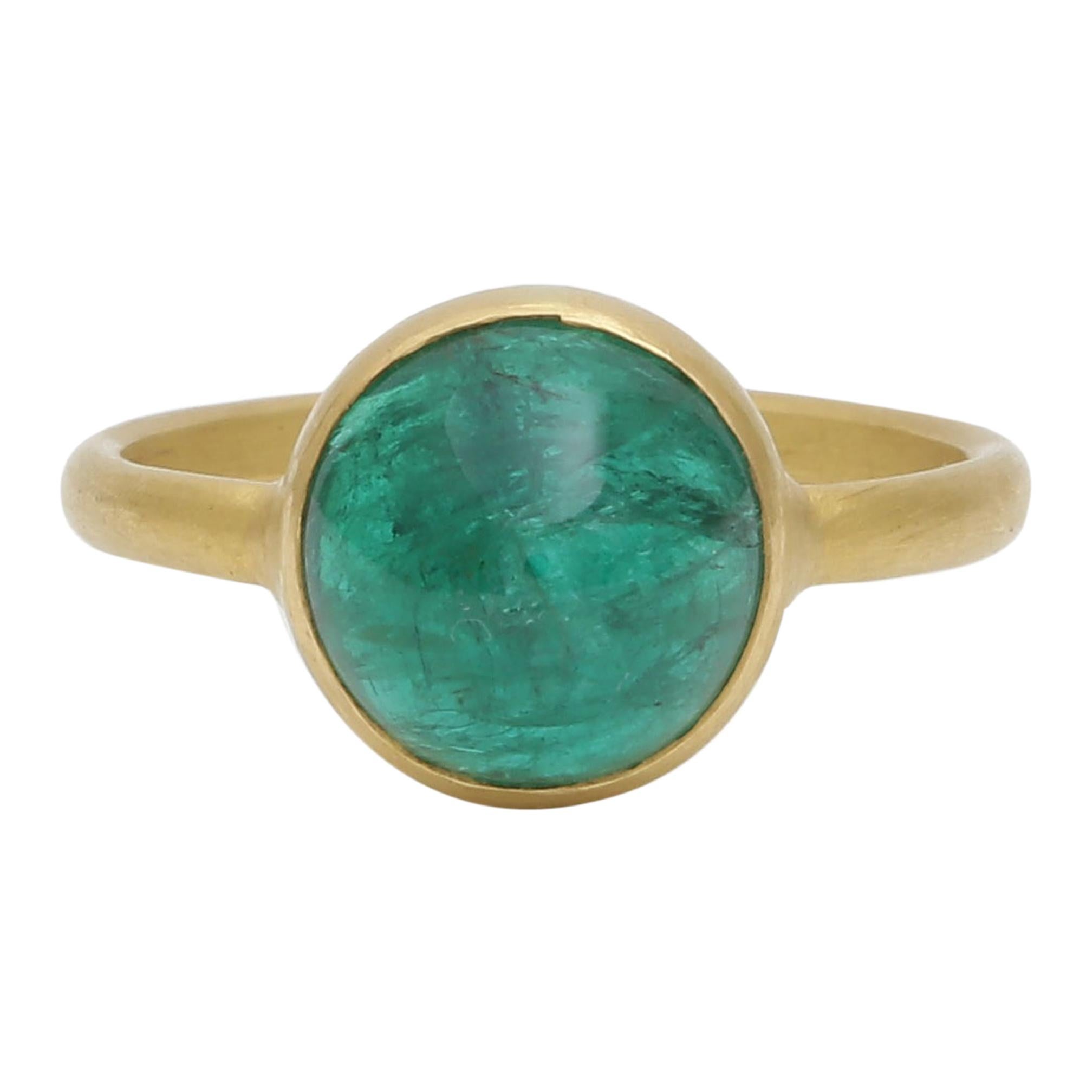 Zambian Emerald Cabochon Handcrafted Ring in 18 Karat Yellow Gold For Sale
