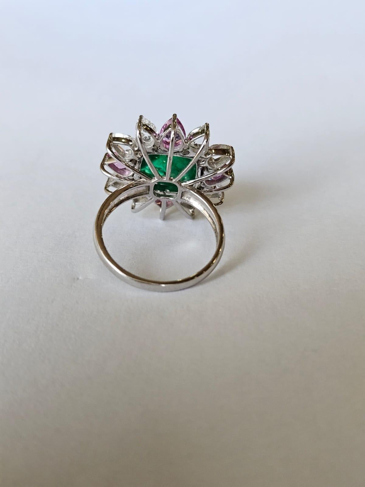 Art Deco Zambian Emerald Cabochon, Pink Sapphires & Rose Cut Diamonds Engagement Ring For Sale