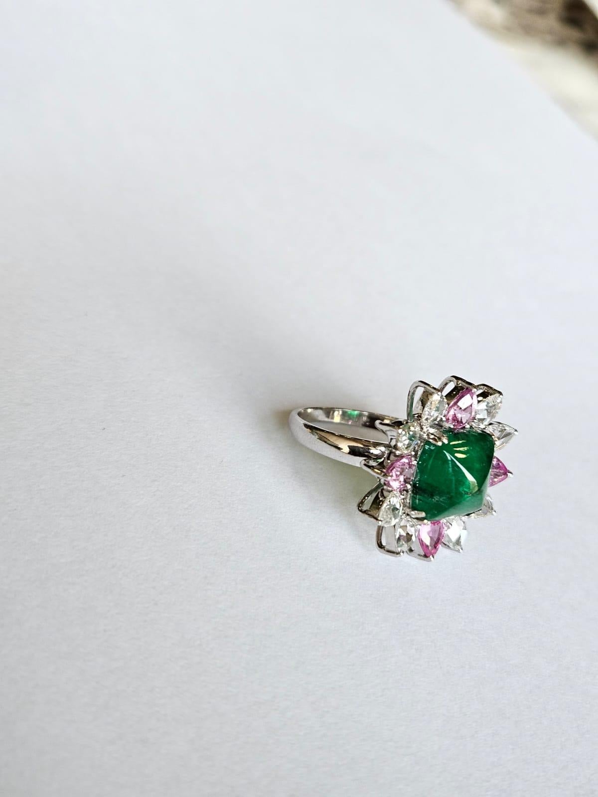 Sugarloaf Cabochon Zambian Emerald Cabochon, Pink Sapphires & Rose Cut Diamonds Engagement Ring For Sale