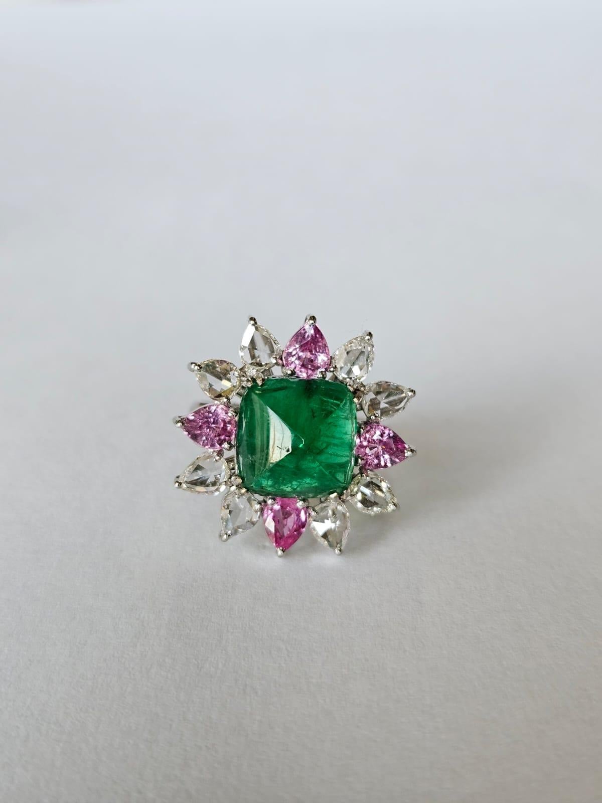 Zambian Emerald Cabochon, Pink Sapphires & Rose Cut Diamonds Engagement Ring In New Condition For Sale In Hong Kong, HK