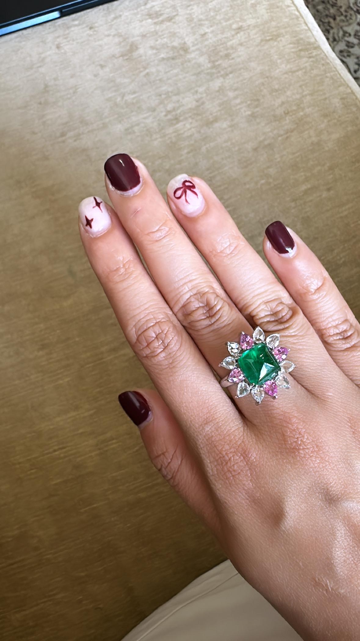 Women's or Men's Zambian Emerald Cabochon, Pink Sapphires & Rose Cut Diamonds Engagement Ring For Sale