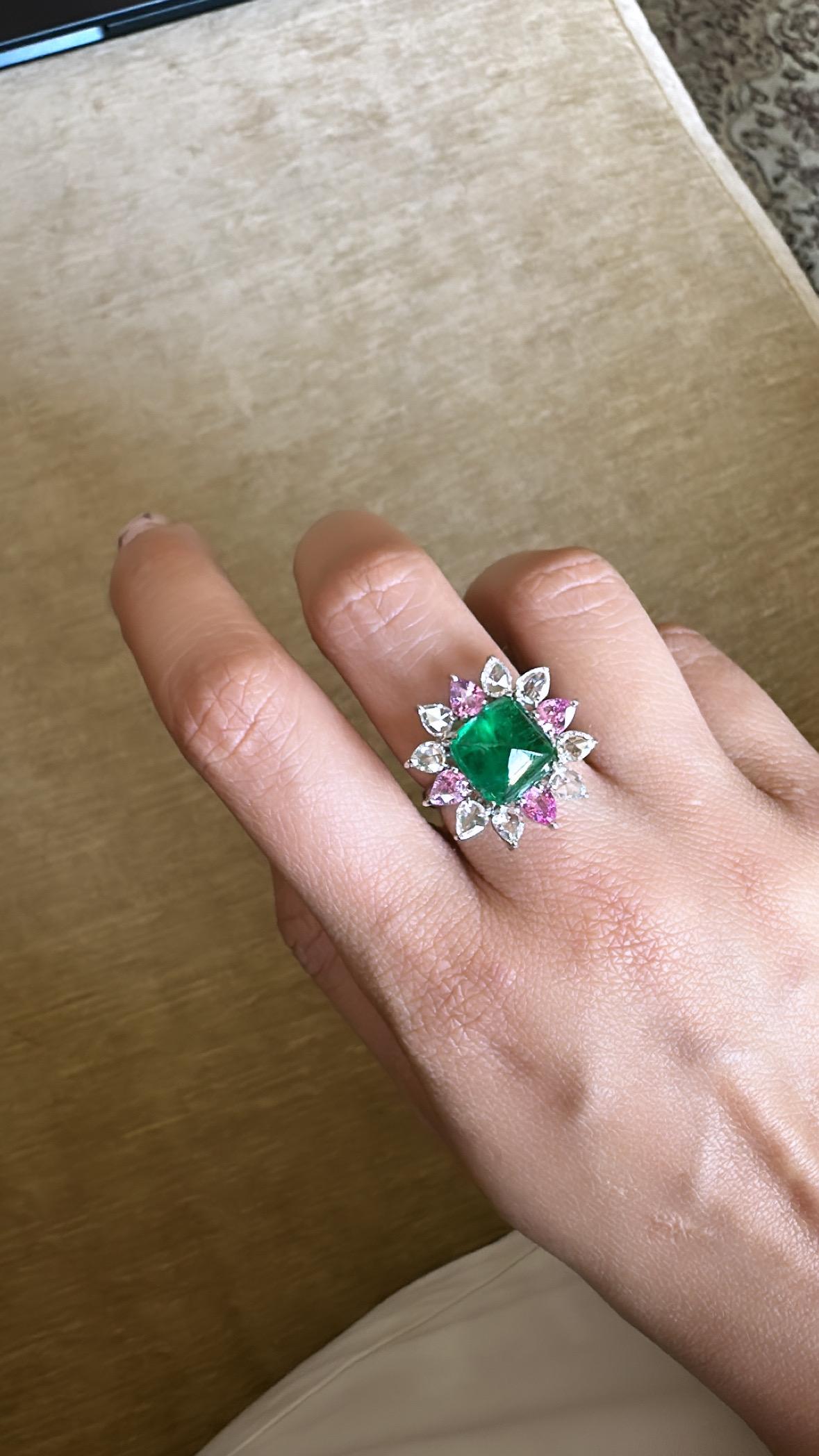 Zambian Emerald Cabochon, Pink Sapphires & Rose Cut Diamonds Engagement Ring For Sale 1