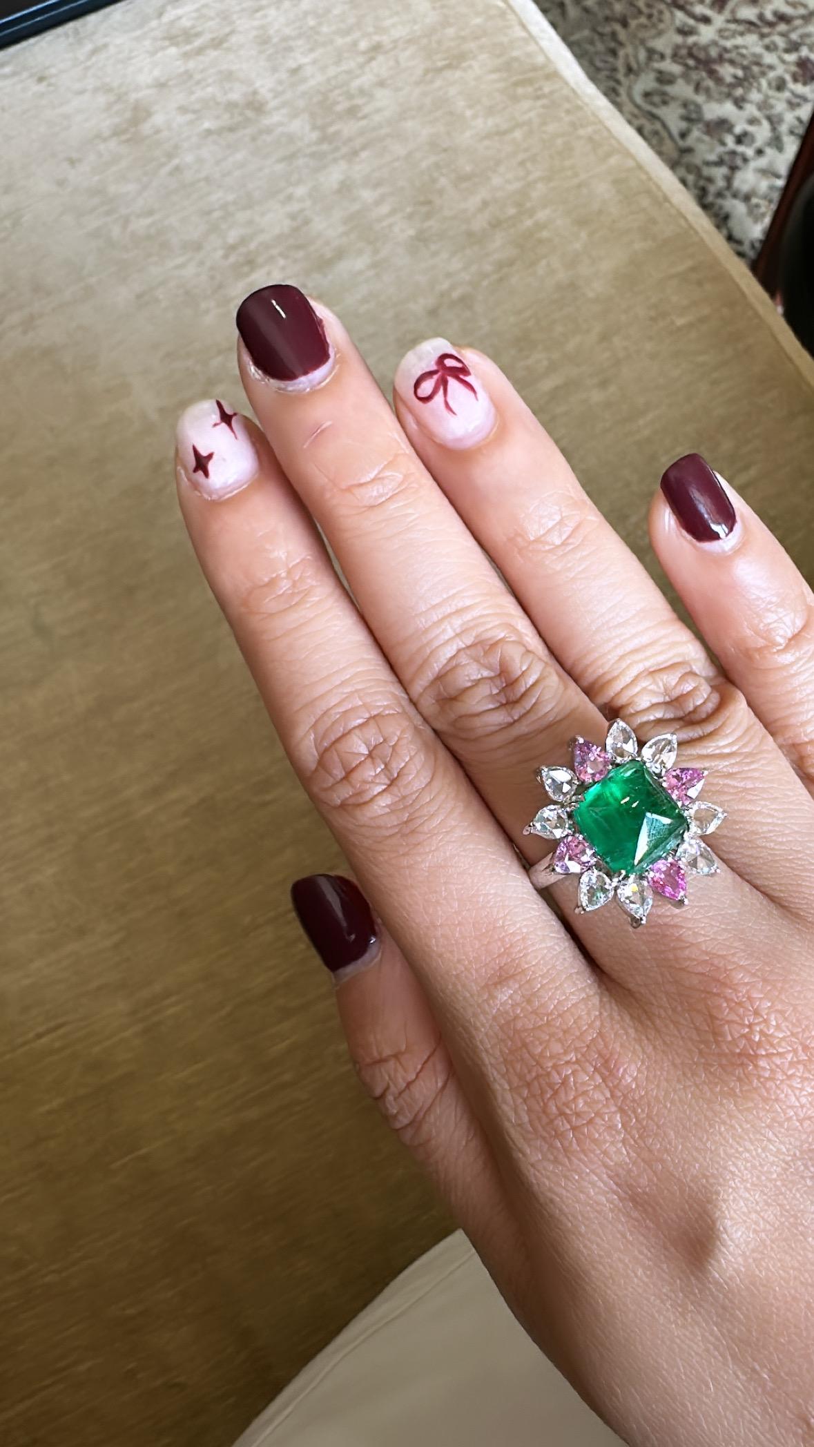 Zambian Emerald Cabochon, Pink Sapphires & Rose Cut Diamonds Engagement Ring For Sale 2