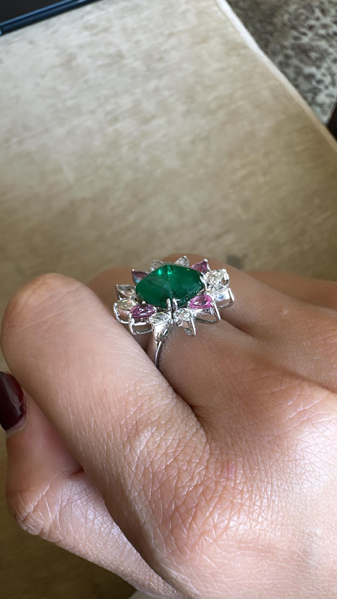 Zambian Emerald Cabochon, Pink Sapphires & Rose Cut Diamonds Engagement Ring For Sale 3