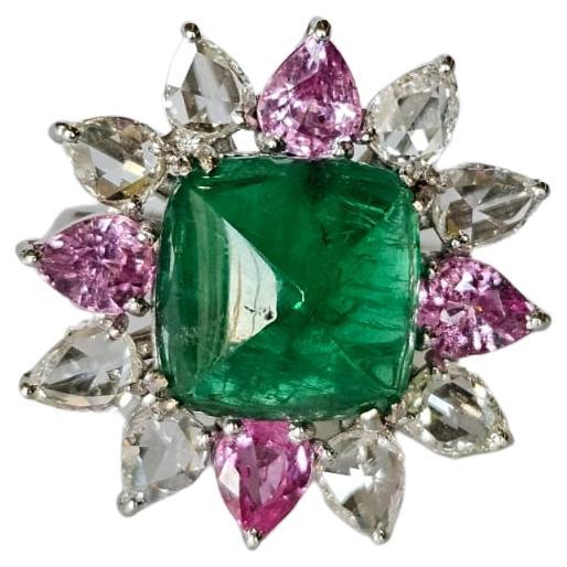 Zambianischer Verlobungsring mit Smaragd im Cabochon-Schliff, rosa Saphiren und Diamanten im Rosenschliff