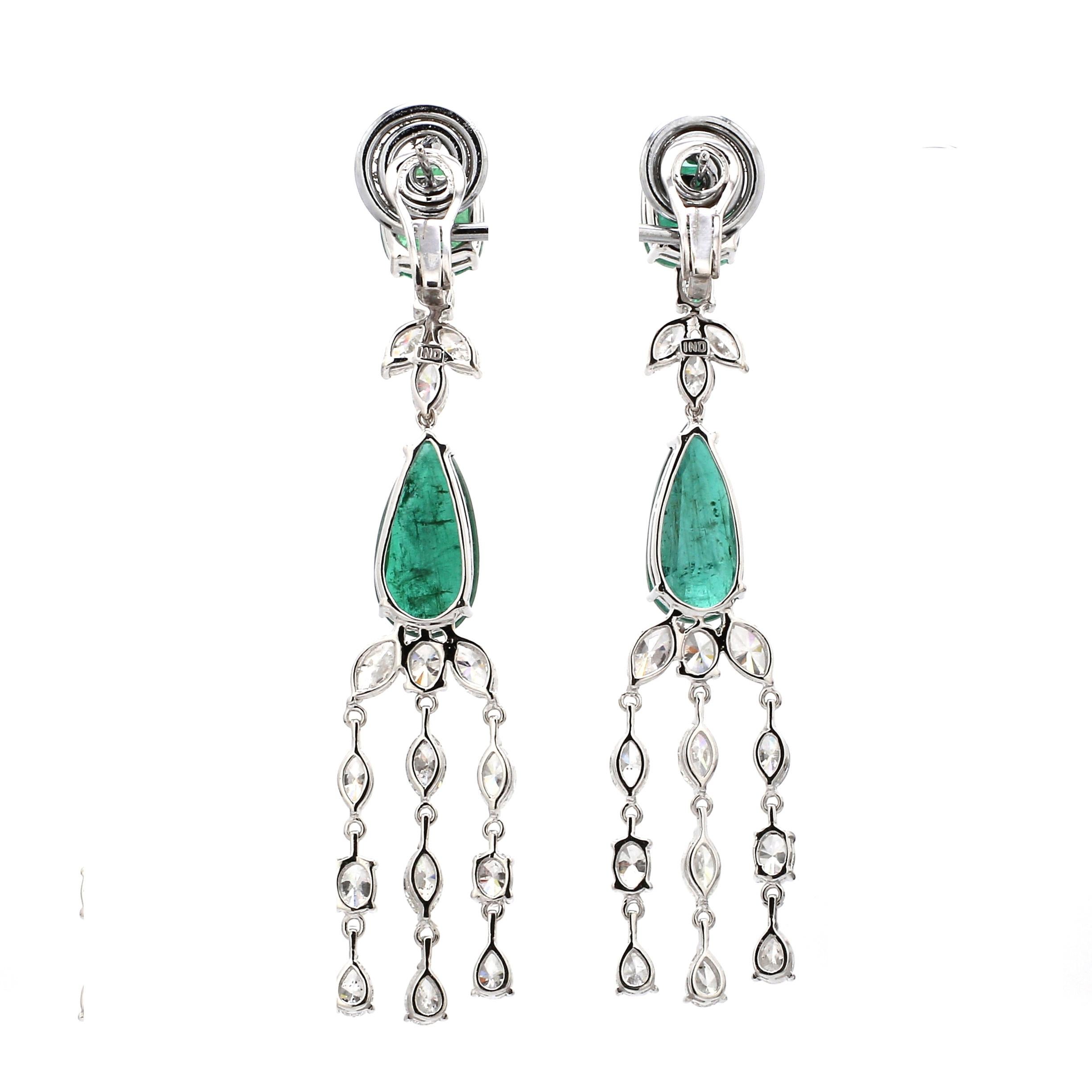 Pear Cut Natural Emerald Chandelier Earrings Diamond 18 Karat White Gold Handmade Jewelry For Sale