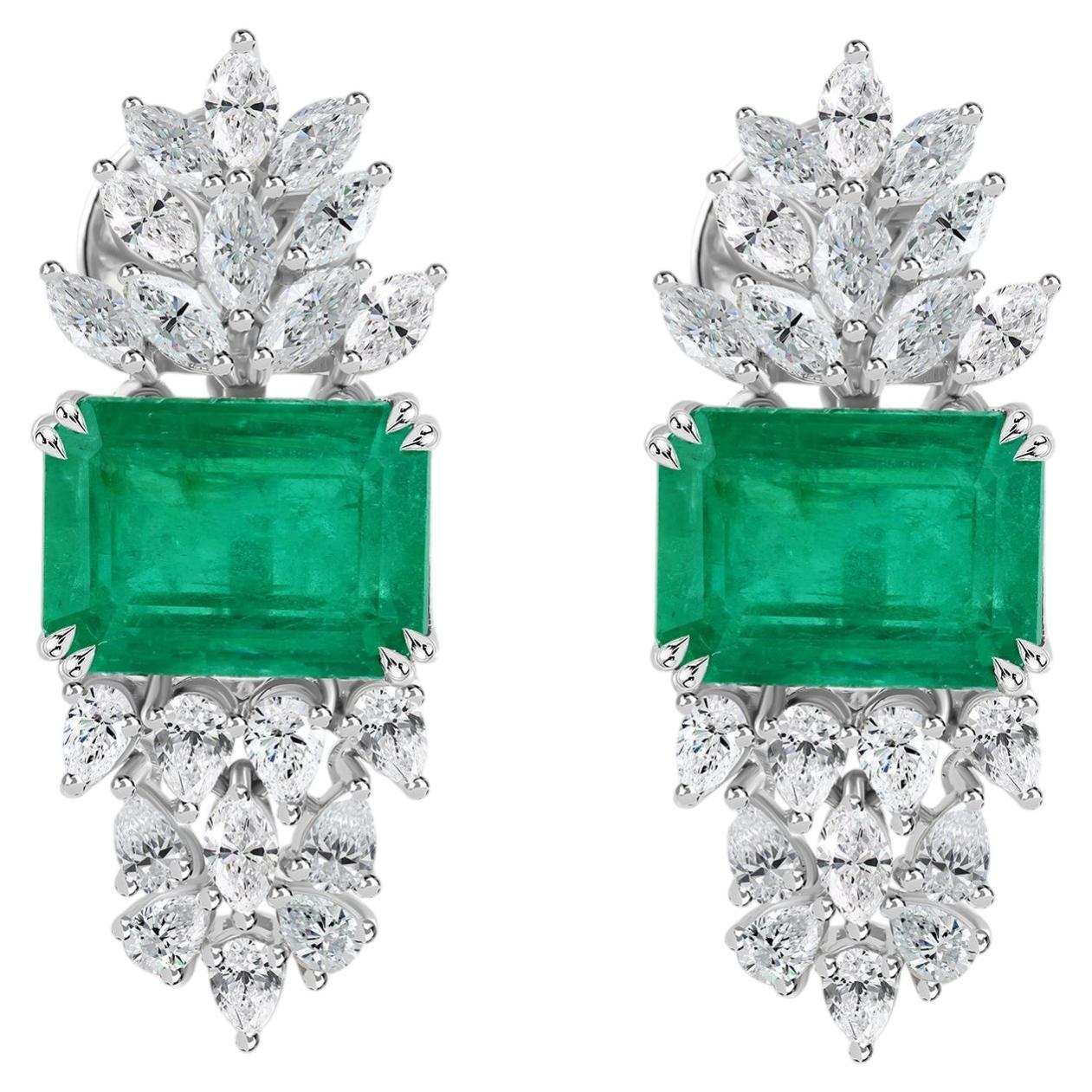 Natural Diamonds Zambian Emerald Cluster Earrings with 14K Fine White Gold
